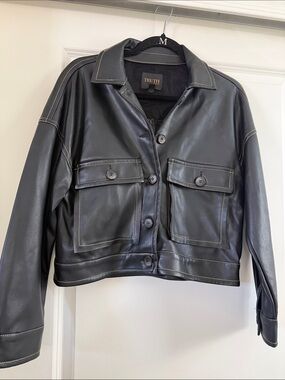 Truth Black Faux Leather Button-Front Cropped Jacket with Contrast Stitching